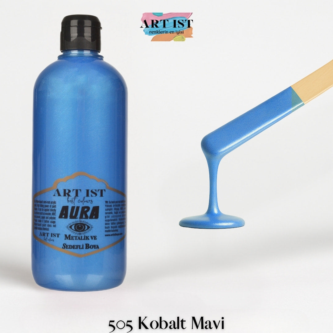 ART IST AURA Metalik Sedefli ve Vernikli Akrilik Boya 500ml – 505 Kobalt Mavi
