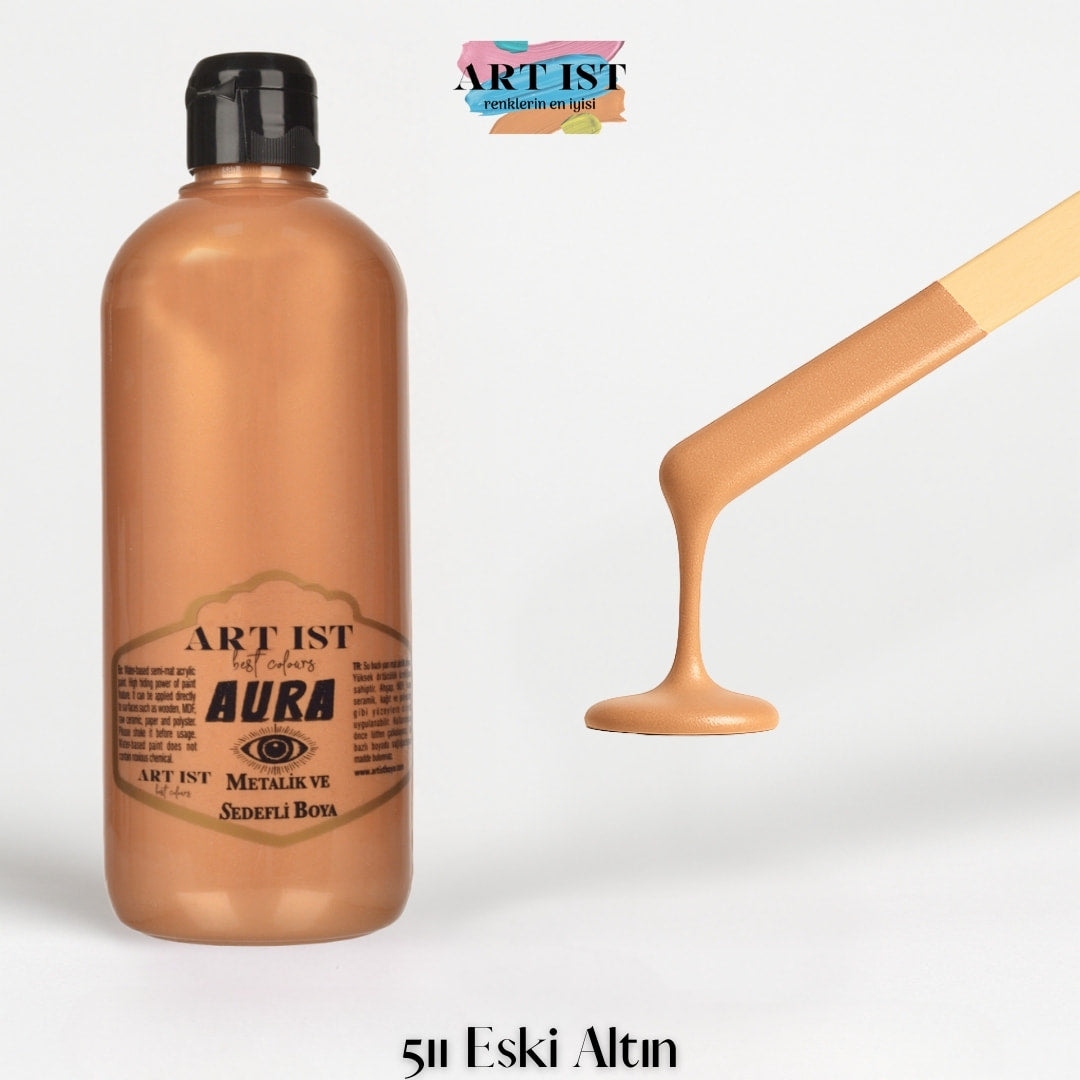 ART IST AURA Metalik Sedefli ve Vernikli Akrilik Boya 500ml – 511 Eski Altin