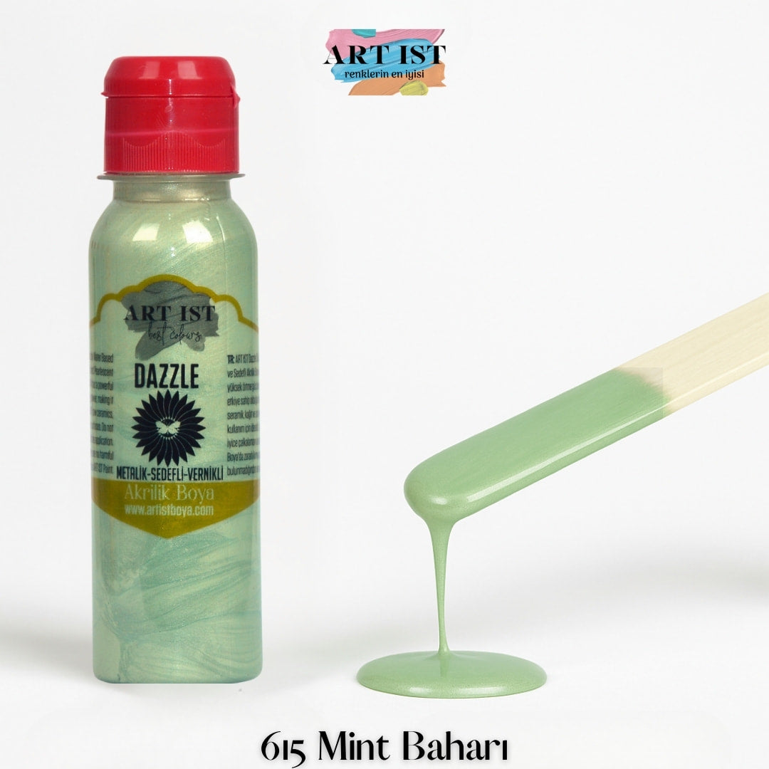 ART IST DAZZLE Metalik Sedefli ve Vernikli Akrilik Boya 100ml – 615 Mint Bahari
