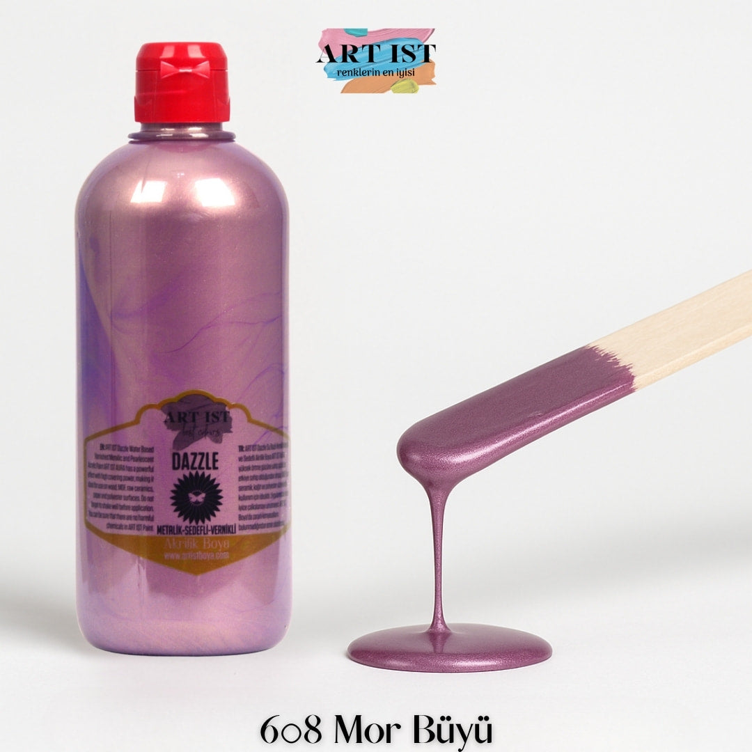 ART IST DAZZLE Metalik Sedefli ve Vernikli Akrilik Boya 500ml – 608 Mor Buyu
