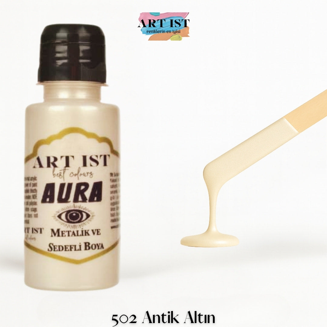 ART IST AURA Metalik Sedefli ve Vernikli Akrilik Boya 100ml – 502 Antik Altin