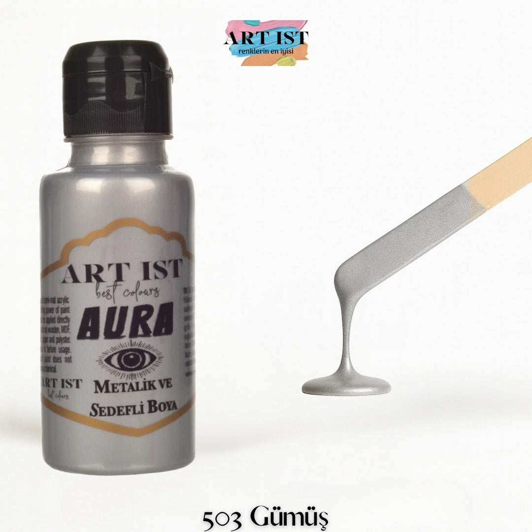 ART IST AURA Metalik Sedefli ve Vernikli Akrilik Boya 100ml – 503 Gumus