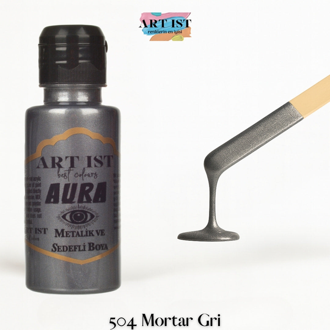 ART IST AURA Metalik Sedefli ve Vernikli Akrilik Boya 100ml – 504 Mortar Gri