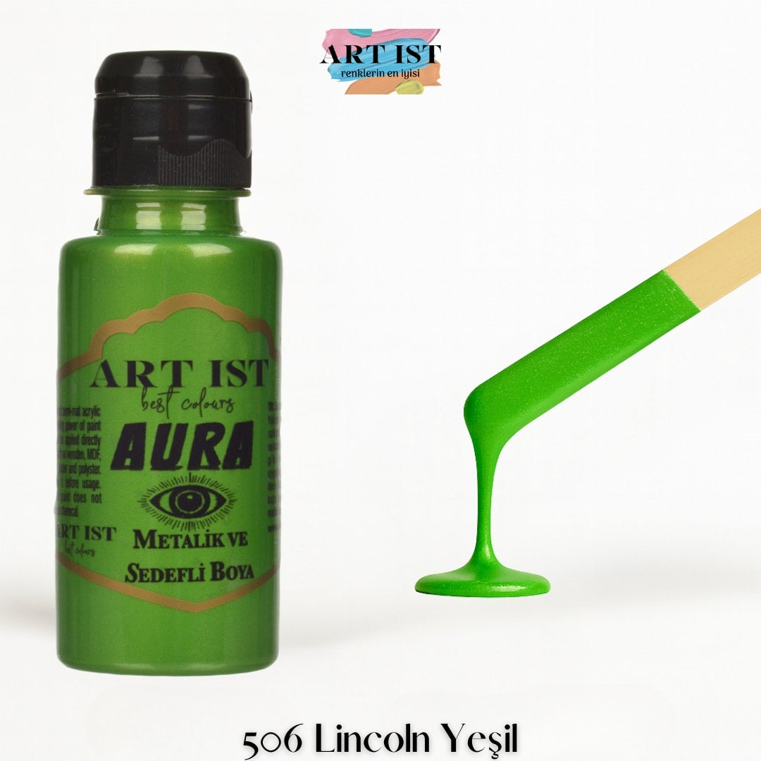 ART IST AURA Metalik Sedefli ve Vernikli Akrilik Boya 100ml – 506 Lincoln Yesil
