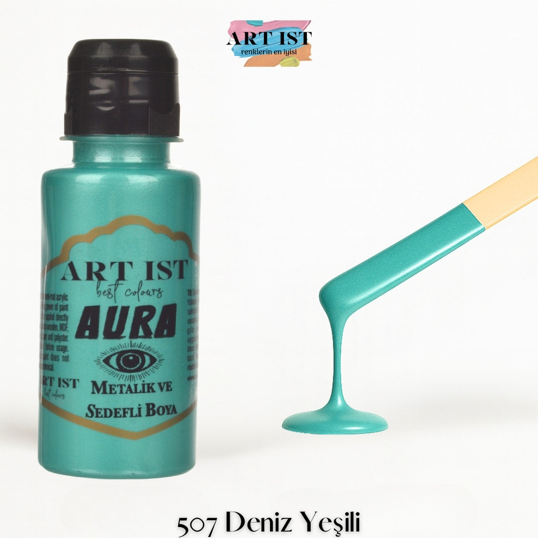 ART IST AURA Metalik Sedefli ve Vernikli Akrilik Boya 100ml – 507 Deniz Yesili