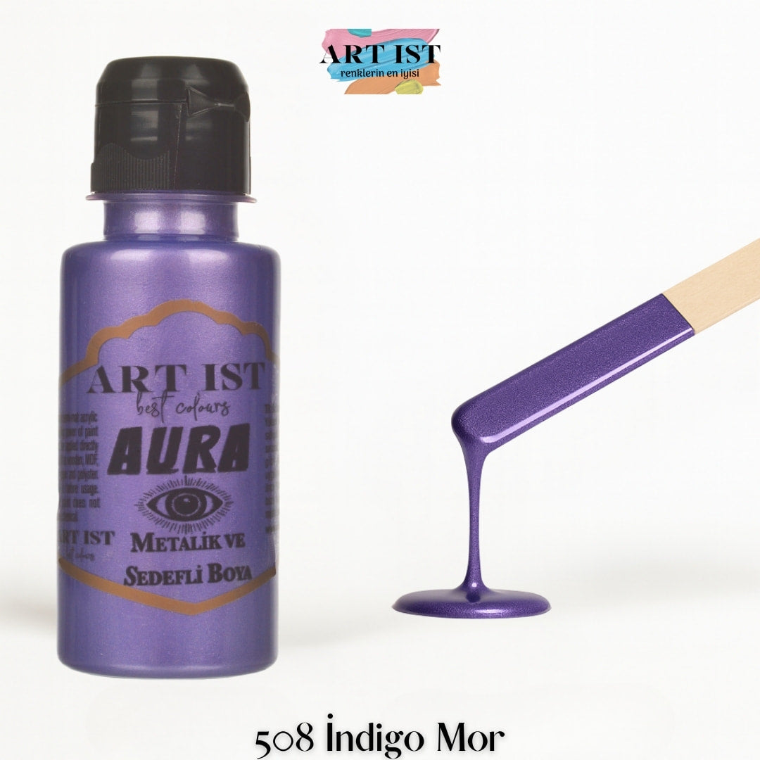 ART IST AURA Metalik Sedefli ve Vernikli Akrilik Boya 100ml – 508 Indigo Mor