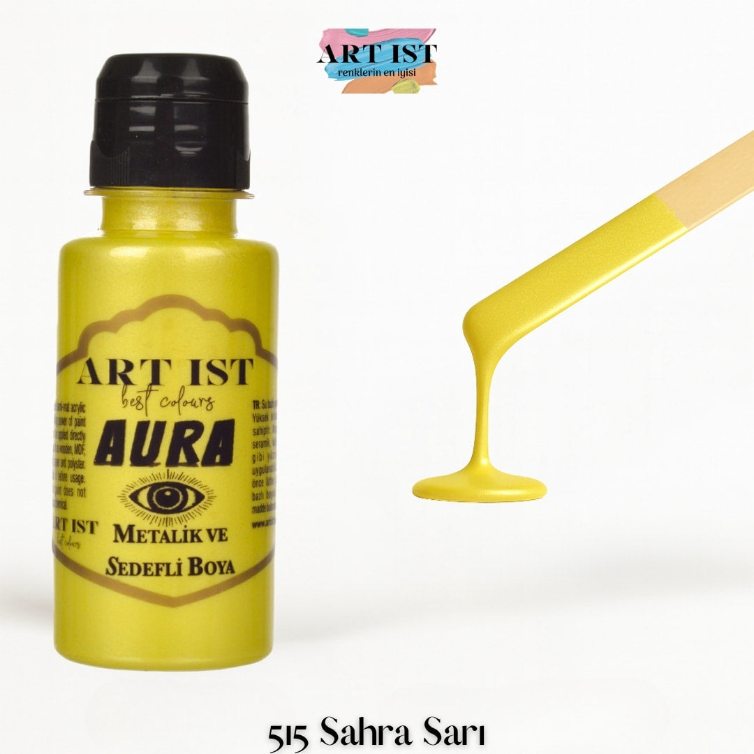 ART IST AURA Metalik Sedefli ve Vernikli Akrilik Boya 100ml – 515 Sahra Sari