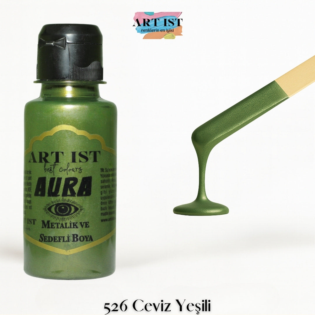 ART IST AURA Metalik Sedefli ve Vernikli Akrilik Boya 100ml – 526 Ceviz Yesili