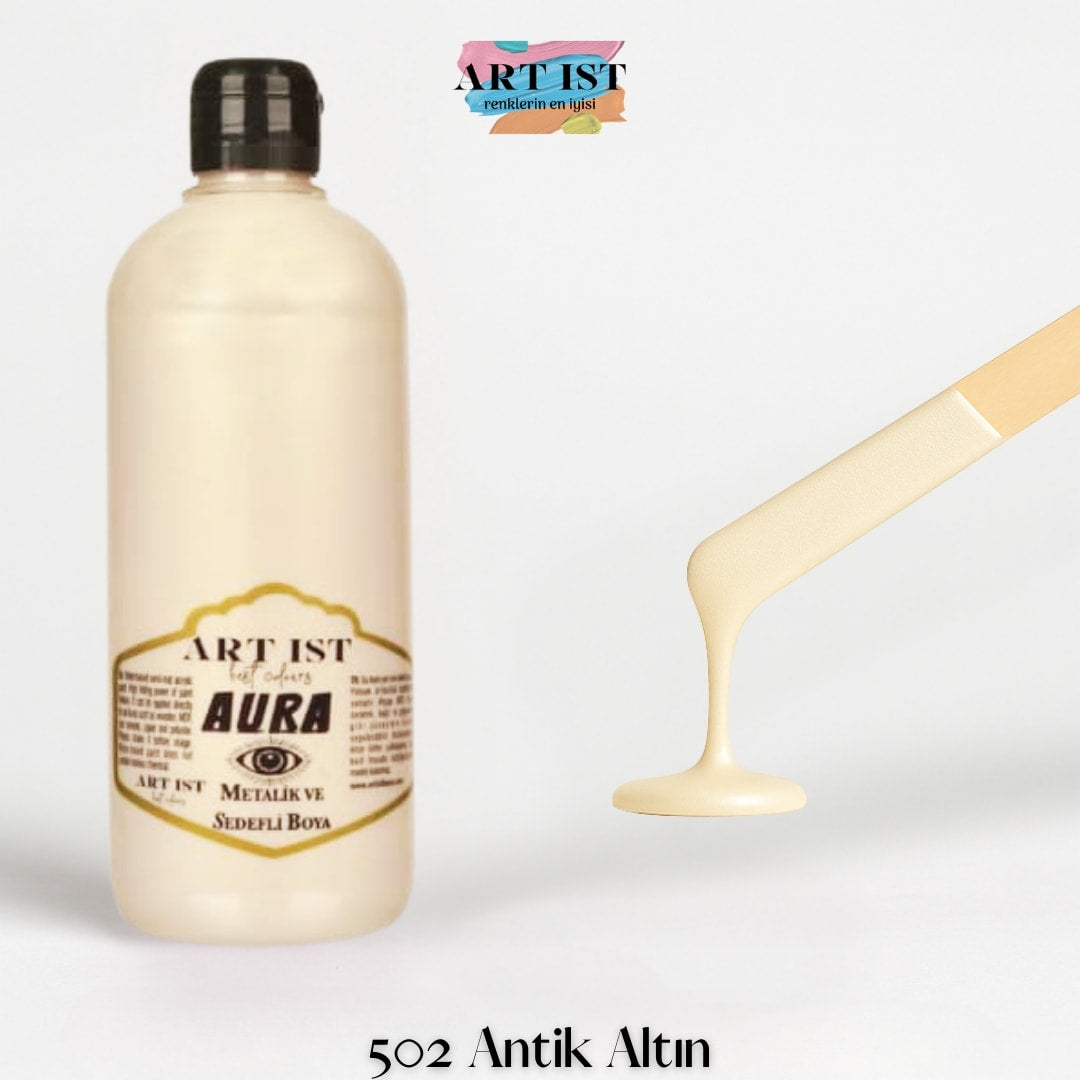ART IST AURA Metalik Sedefli ve Vernikli Akrilik Boya 500ml – 502 Antik Altin