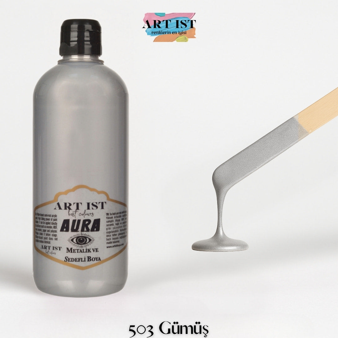 ART IST AURA Metalik Sedefli ve Vernikli Akrilik Boya 500ml – 503 Gumus