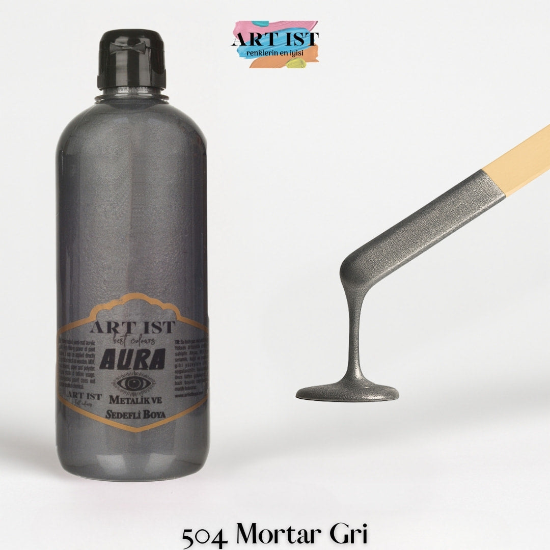 ART IST AURA Metalik Sedefli ve Vernikli Akrilik Boya 500ml – 504 Mortar Gri