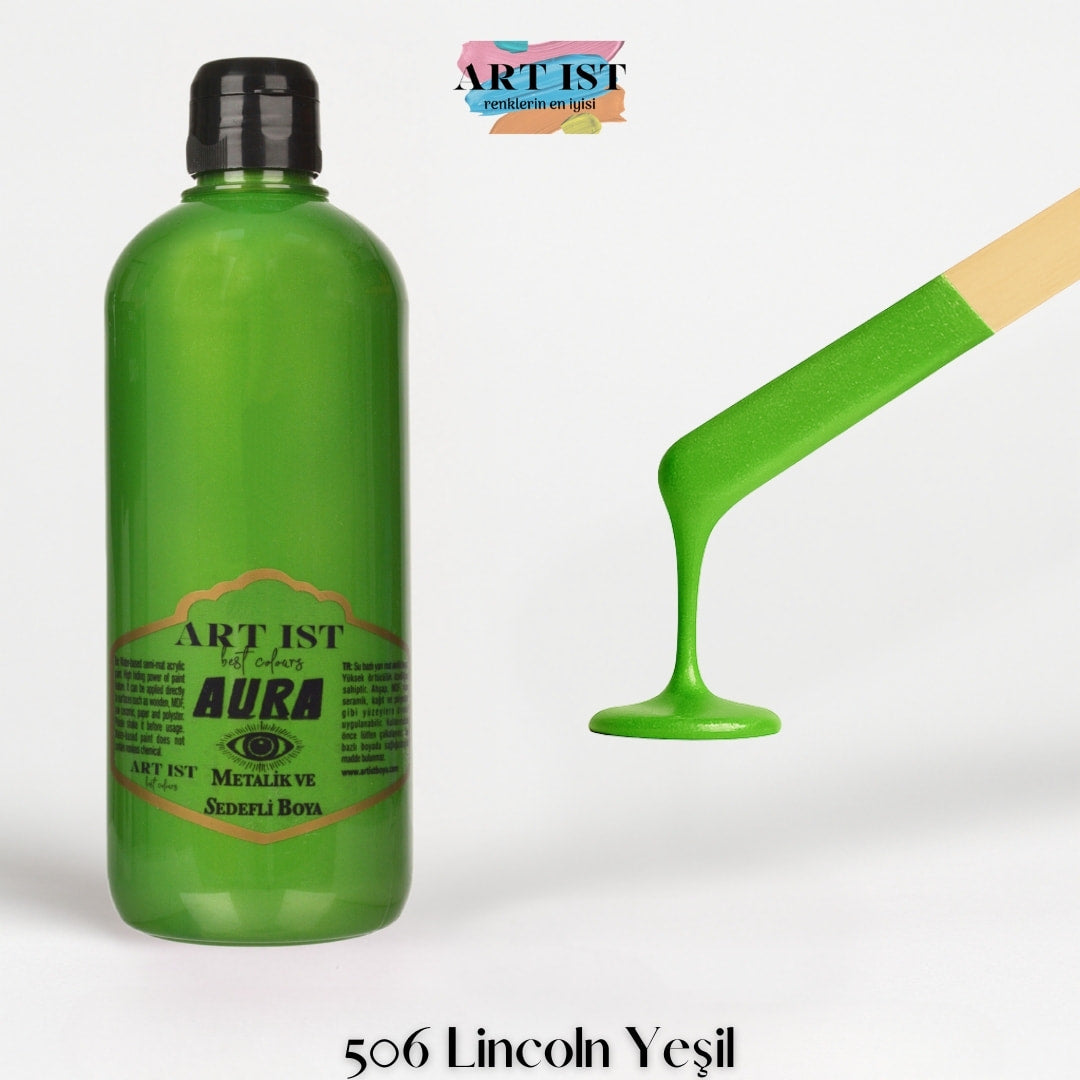 ART IST AURA Metalik Sedefli ve Vernikli Akrilik Boya 500ml – 506 Lincoln Yesil