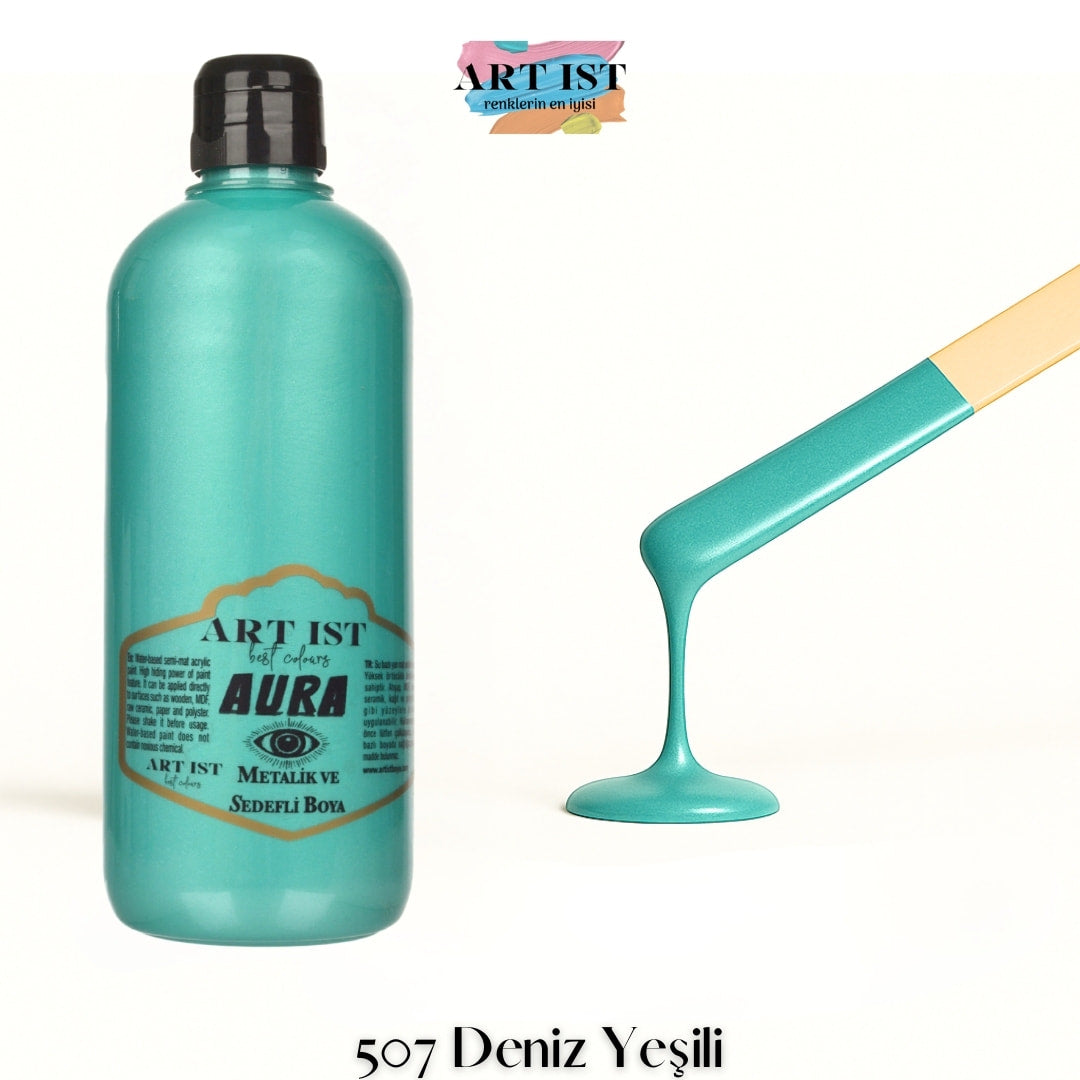 ART IST AURA Metalik Sedefli ve Vernikli Akrilik Boya 500ml – 507 Deniz Yesili