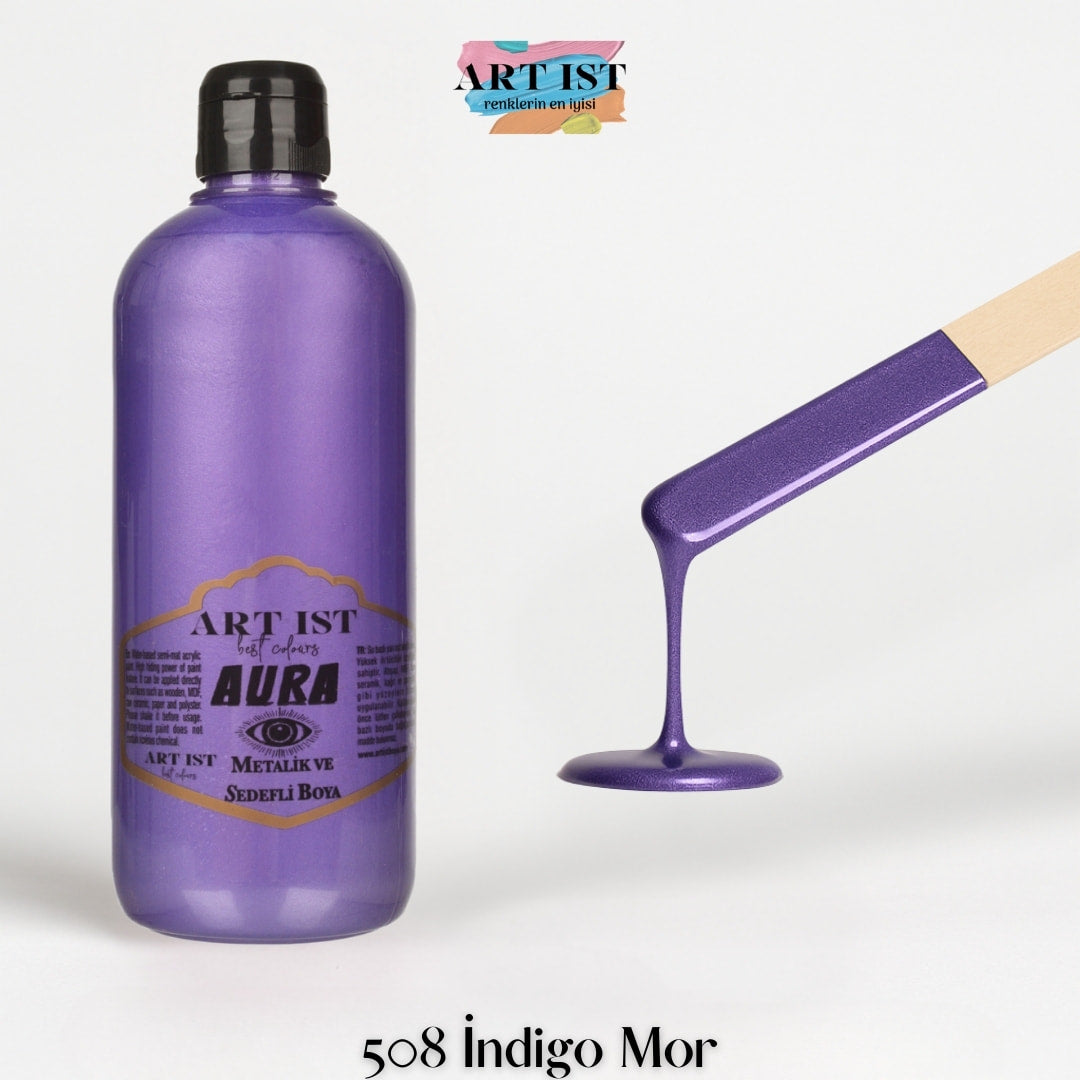 ART IST AURA Metalik Sedefli ve Vernikli Akrilik Boya 500ml – 508 Indigo Mor