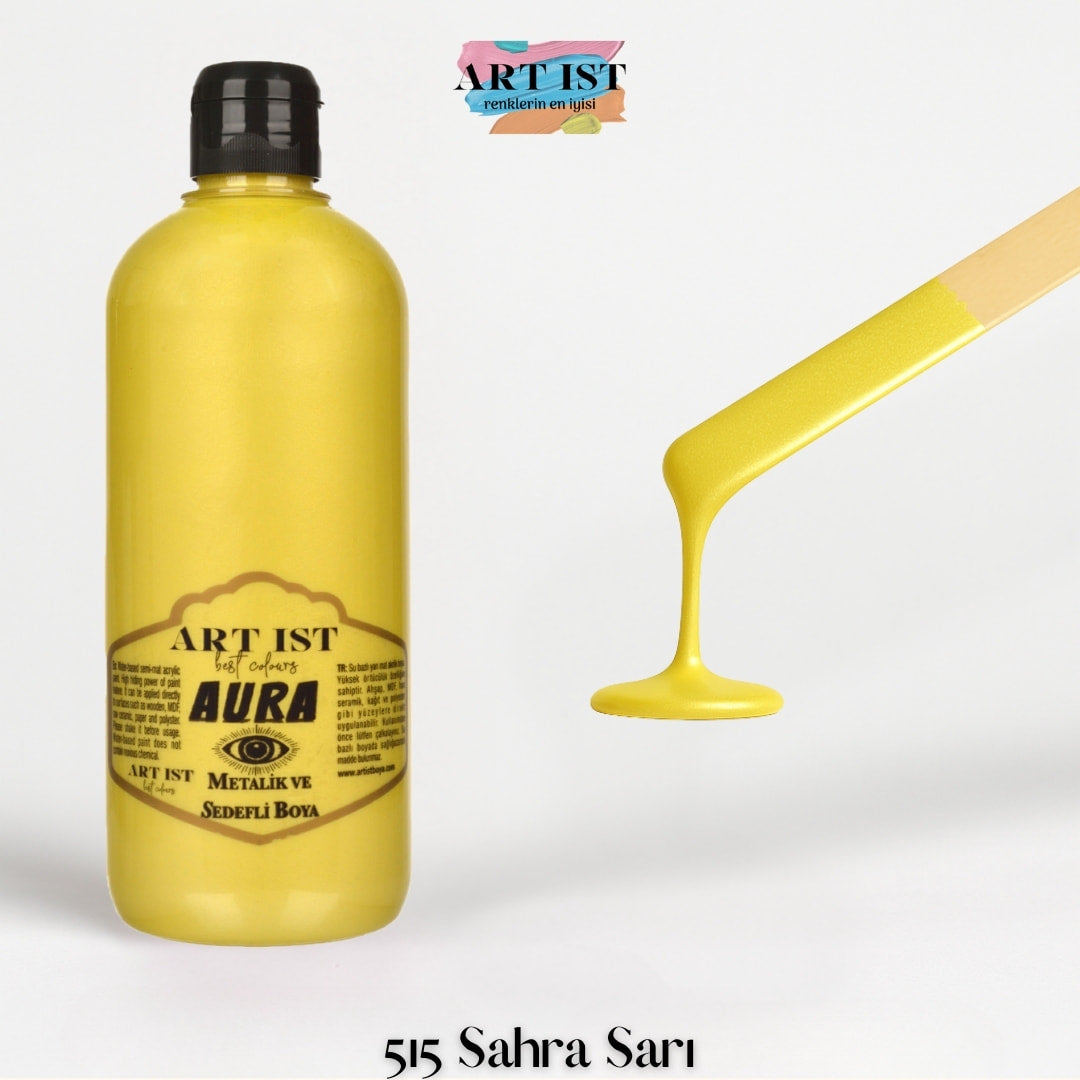 ART IST AURA Metalik Sedefli ve Vernikli Akrilik Boya 500ml – 515 Sahra Sari