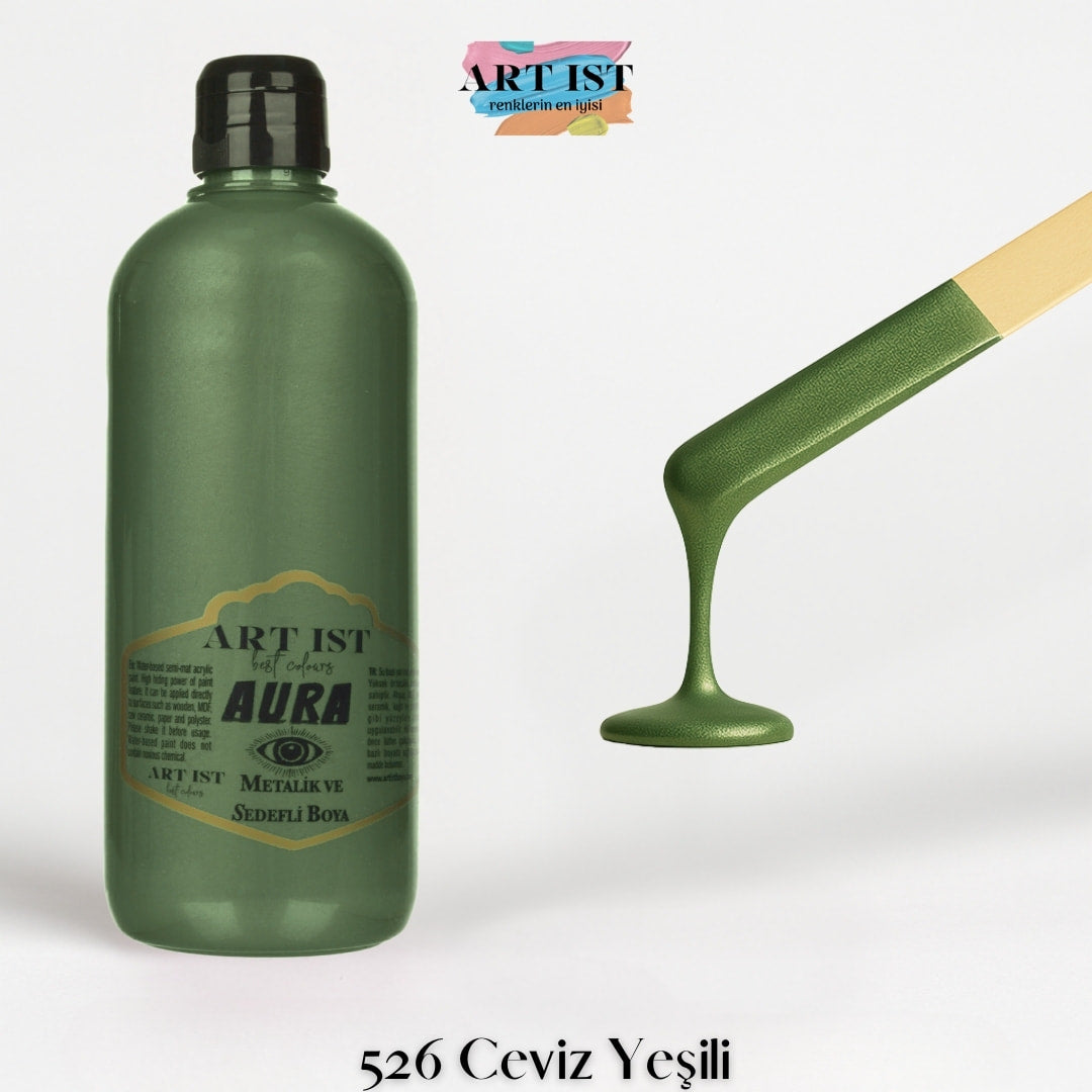 ART IST AURA Metalik Sedefli ve Vernikli Akrilik Boya 500ml – 526 Ceviz Yesili
