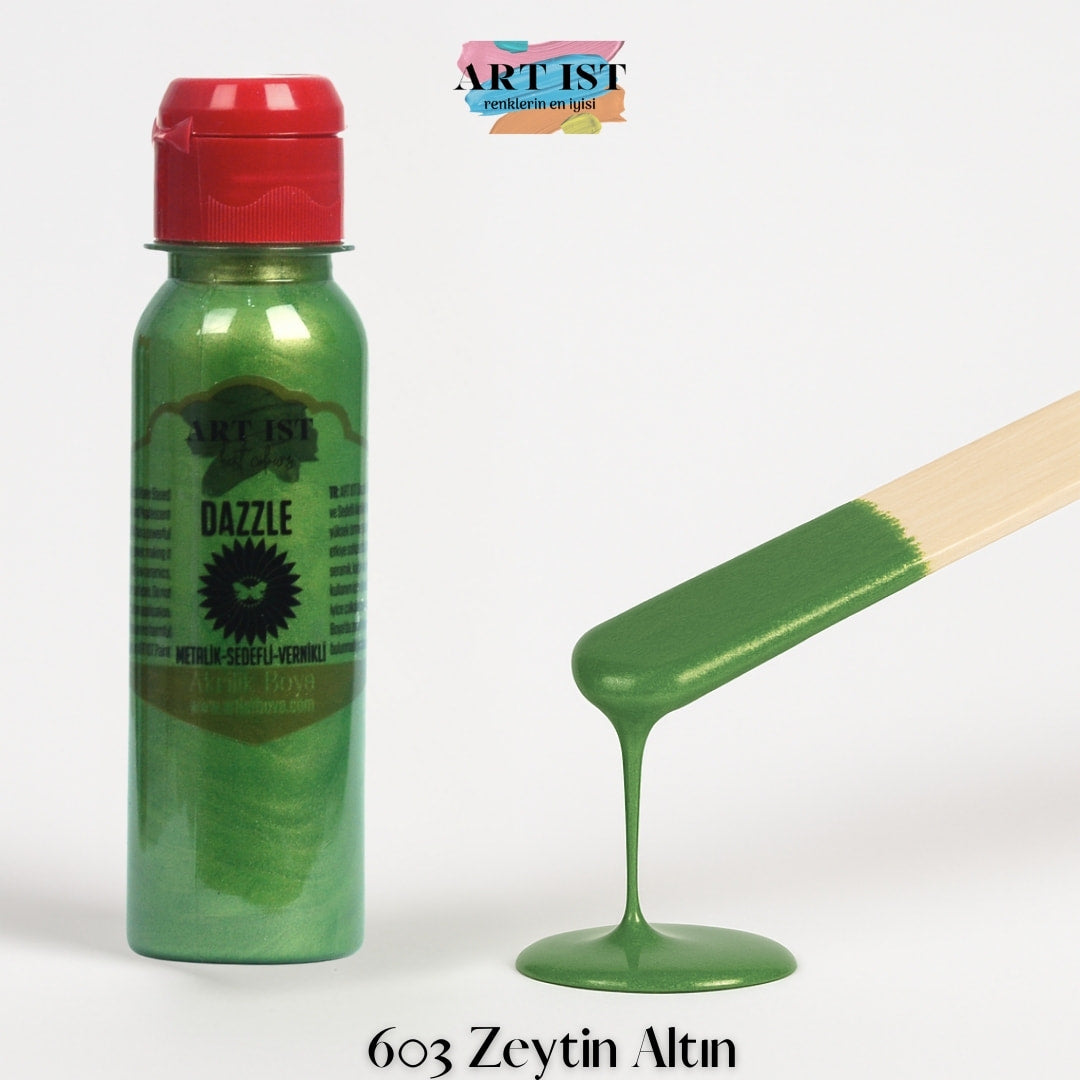 ART IST DAZZLE Metalik Sedefli ve Vernikli Akrilik Boya 100ml – 603 Zeytin Altin