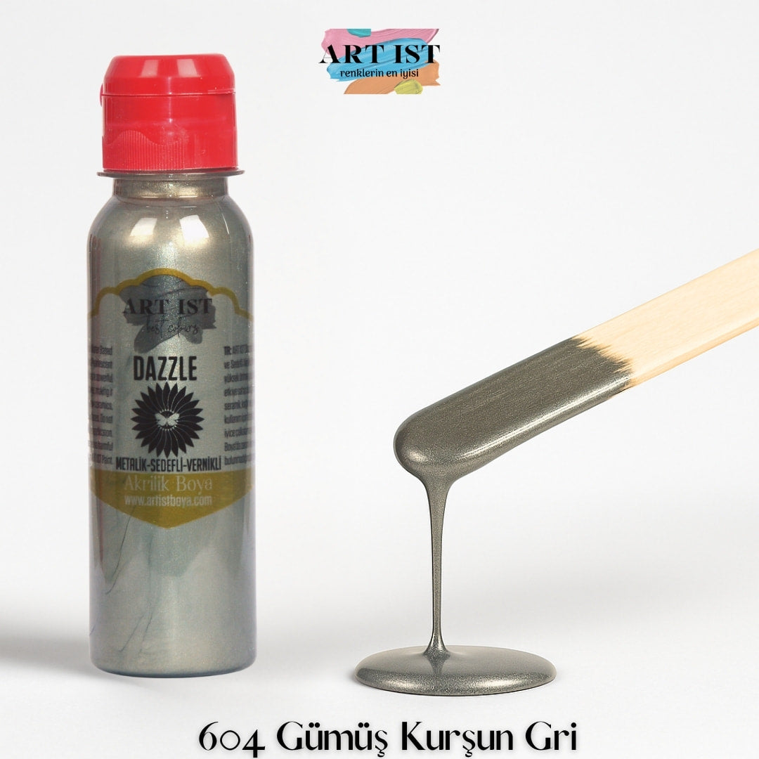 ART IST DAZZLE Metalik Sedefli ve Vernikli Akrilik Boya 100ml – 604 Gumus Kursun Gri
