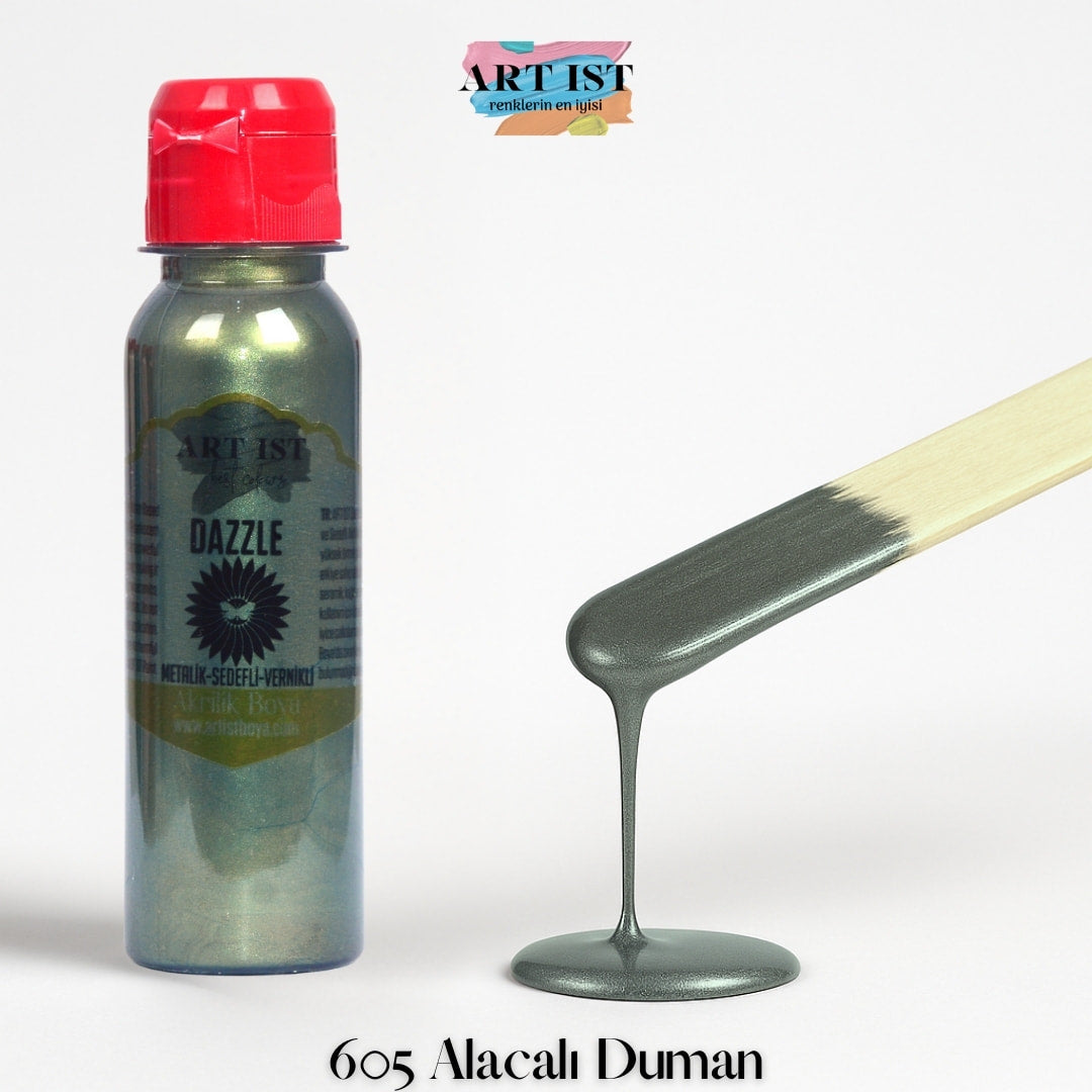ART IST DAZZLE Metalik Sedefli ve Vernikli Akrilik Boya 100ml – 605 Alacali Duman