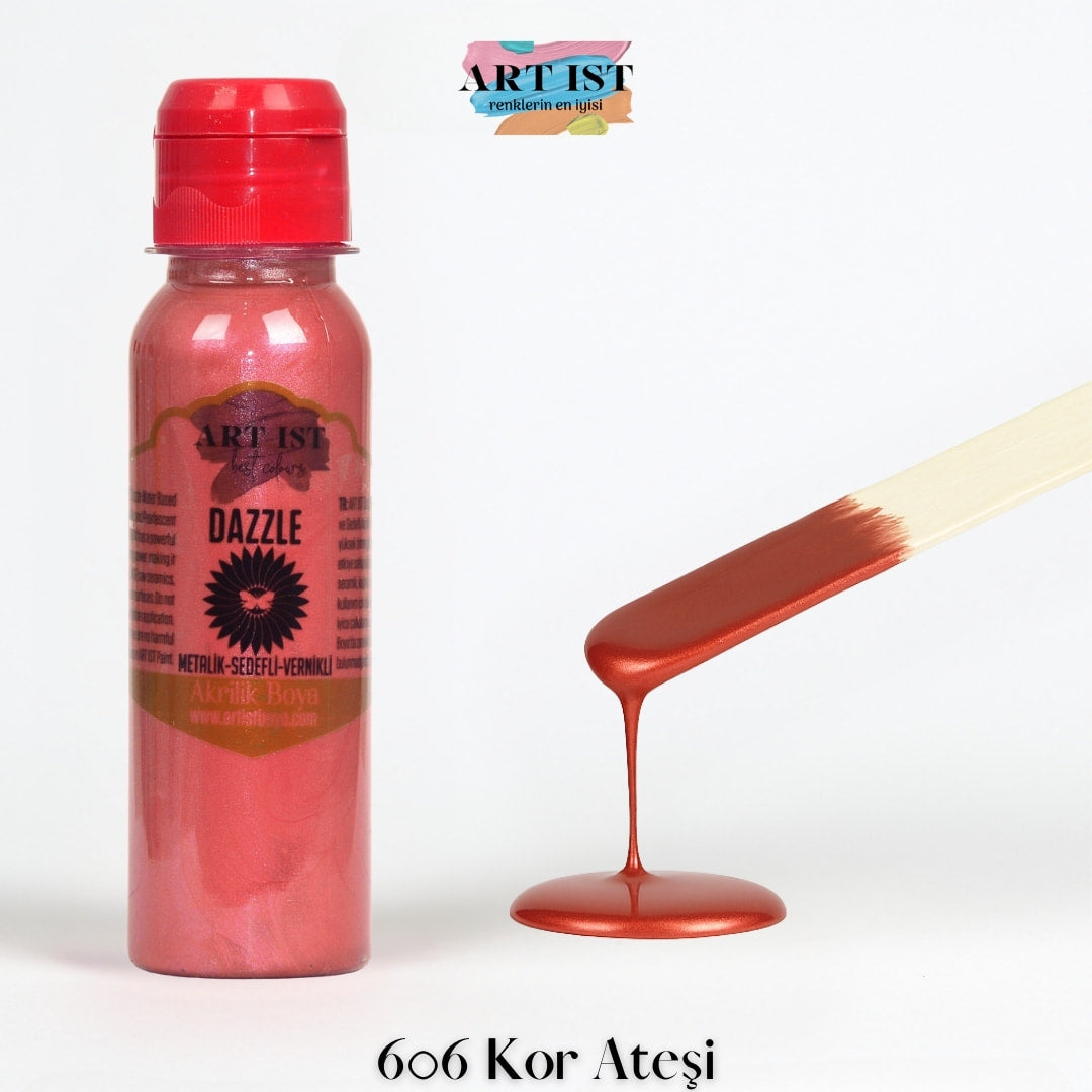 ART IST DAZZLE Metalik Sedefli ve Vernikli Akrilik Boya 100ml – 606 Kor Atesi