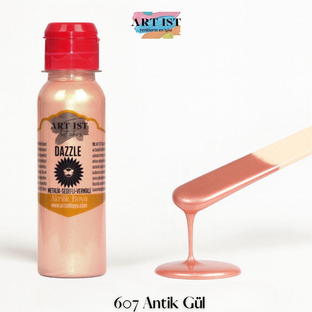 ART IST DAZZLE Metalik Sedefli ve Vernikli Akrilik Boya 100ml – 607 Antik Gul