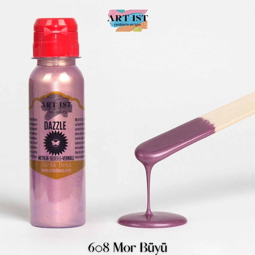 ART IST DAZZLE Metalik Sedefli ve Vernikli Akrilik Boya 100ml – 608 Mor Buyu