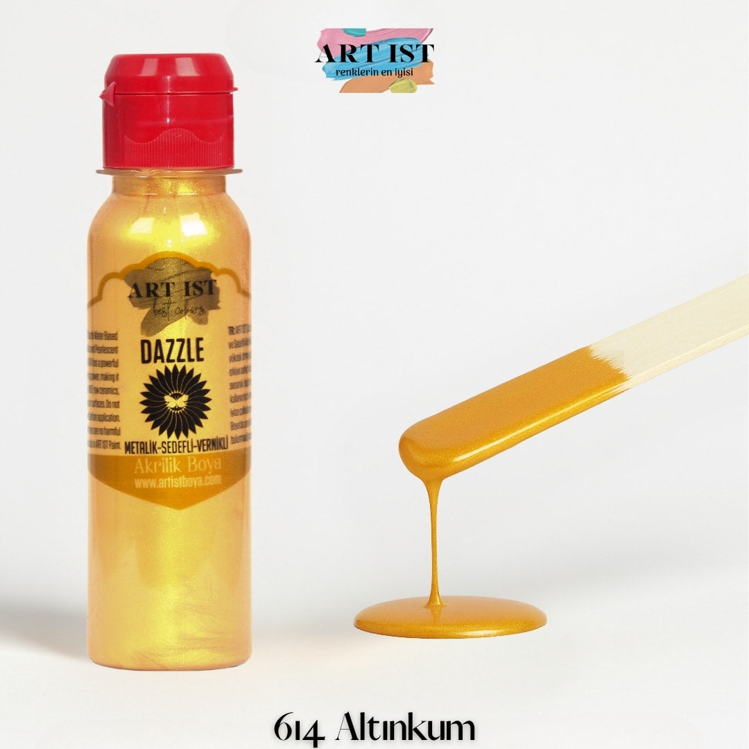 ART IST DAZZLE Metalik Sedefli ve Vernikli Akrilik Boya 100ml – 614 Altinkum
