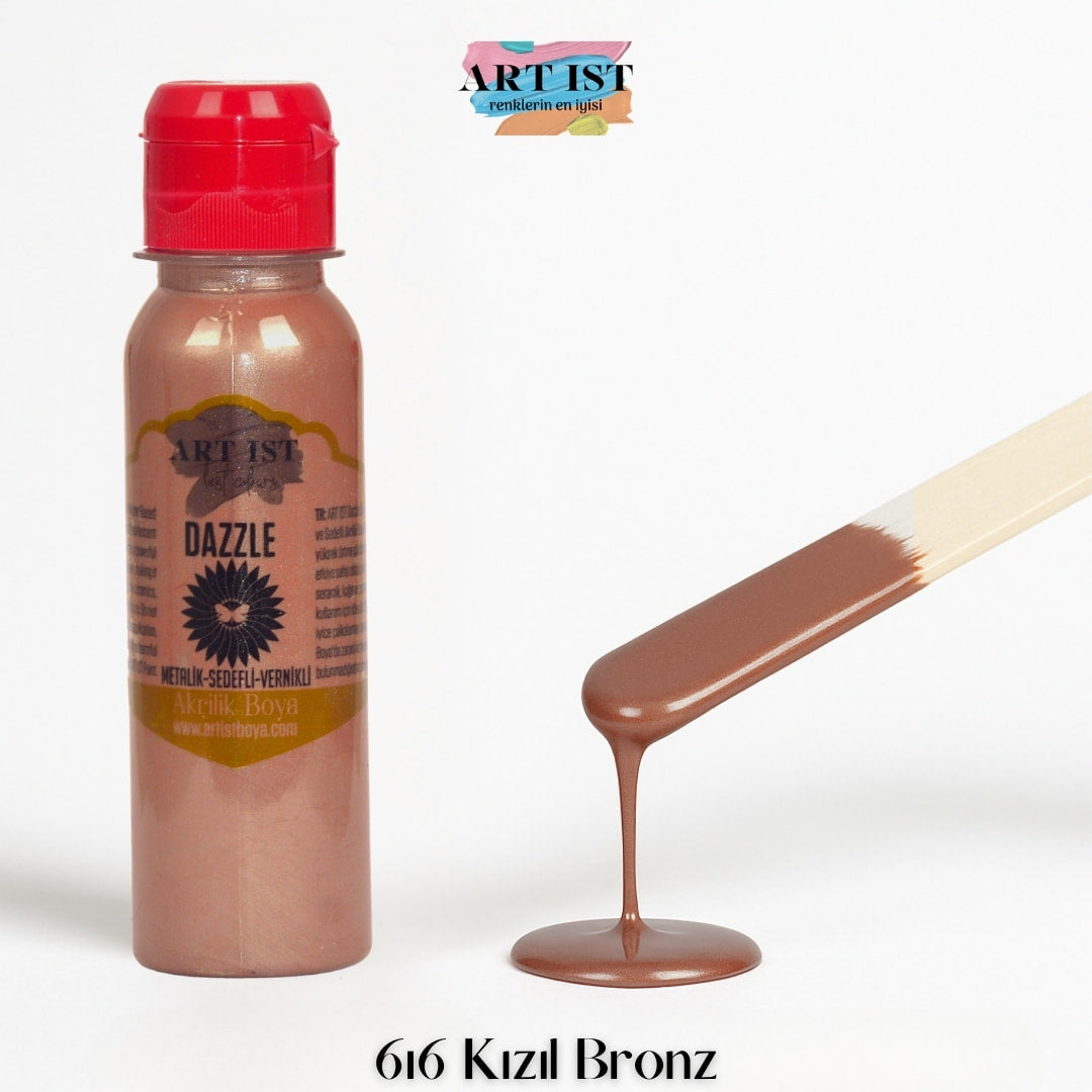 ART IST DAZZLE Metalik Sedefli ve Vernikli Akrilik Boya 100ml – 616 Kizil Bronz
