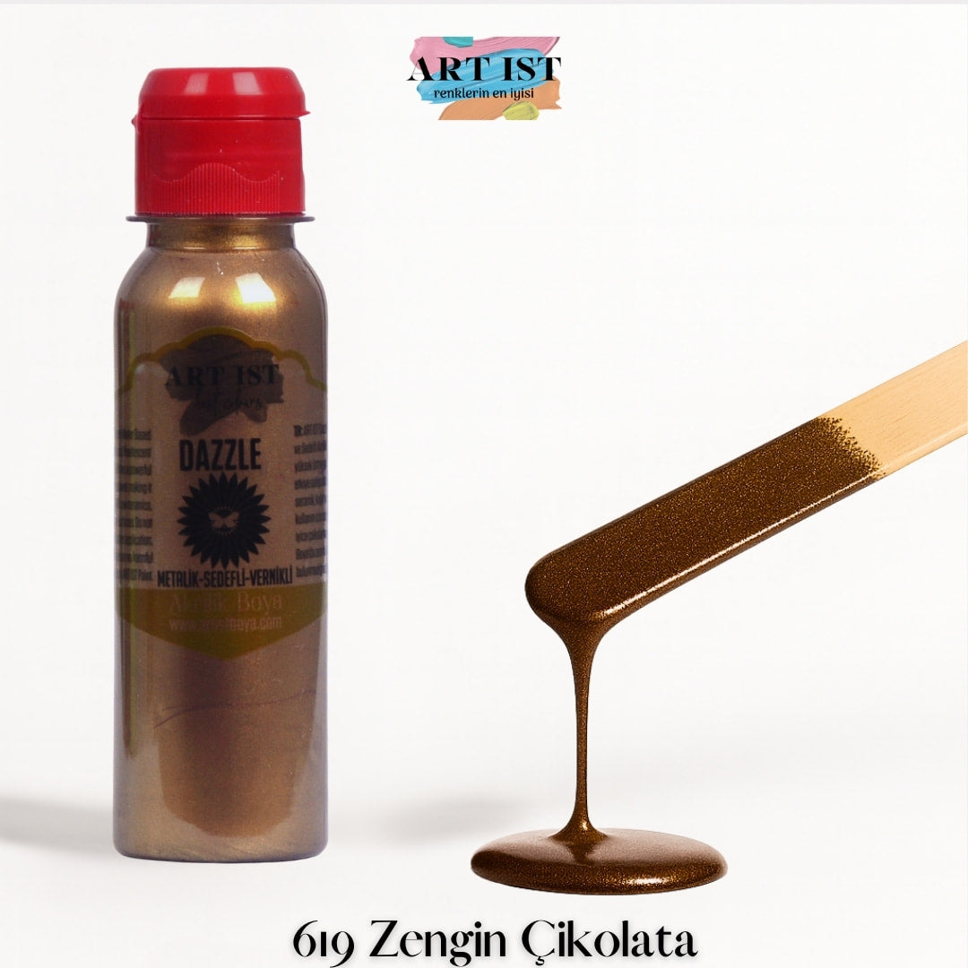 ART IST DAZZLE Metalik Sedefli ve Vernikli Akrilik Boya 100ml – 619 Zengin Cikolata