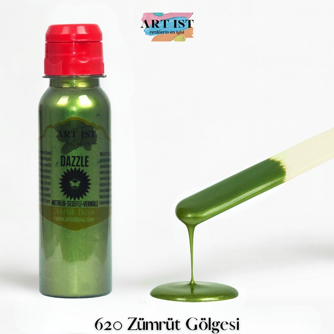 ART IST DAZZLE Metalik Sedefli ve Vernikli Akrilik Boya 100ml – 620 Zumrut Golgesi