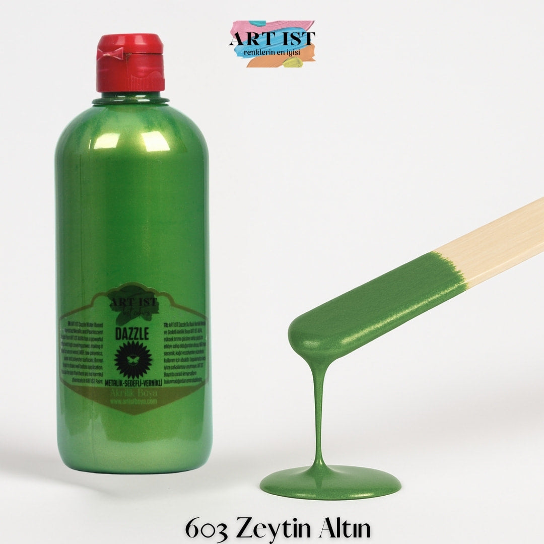 ART IST DAZZLE Metalik Sedefli ve Vernikli Akrilik Boya 500ml – 603 Zeytin Altin