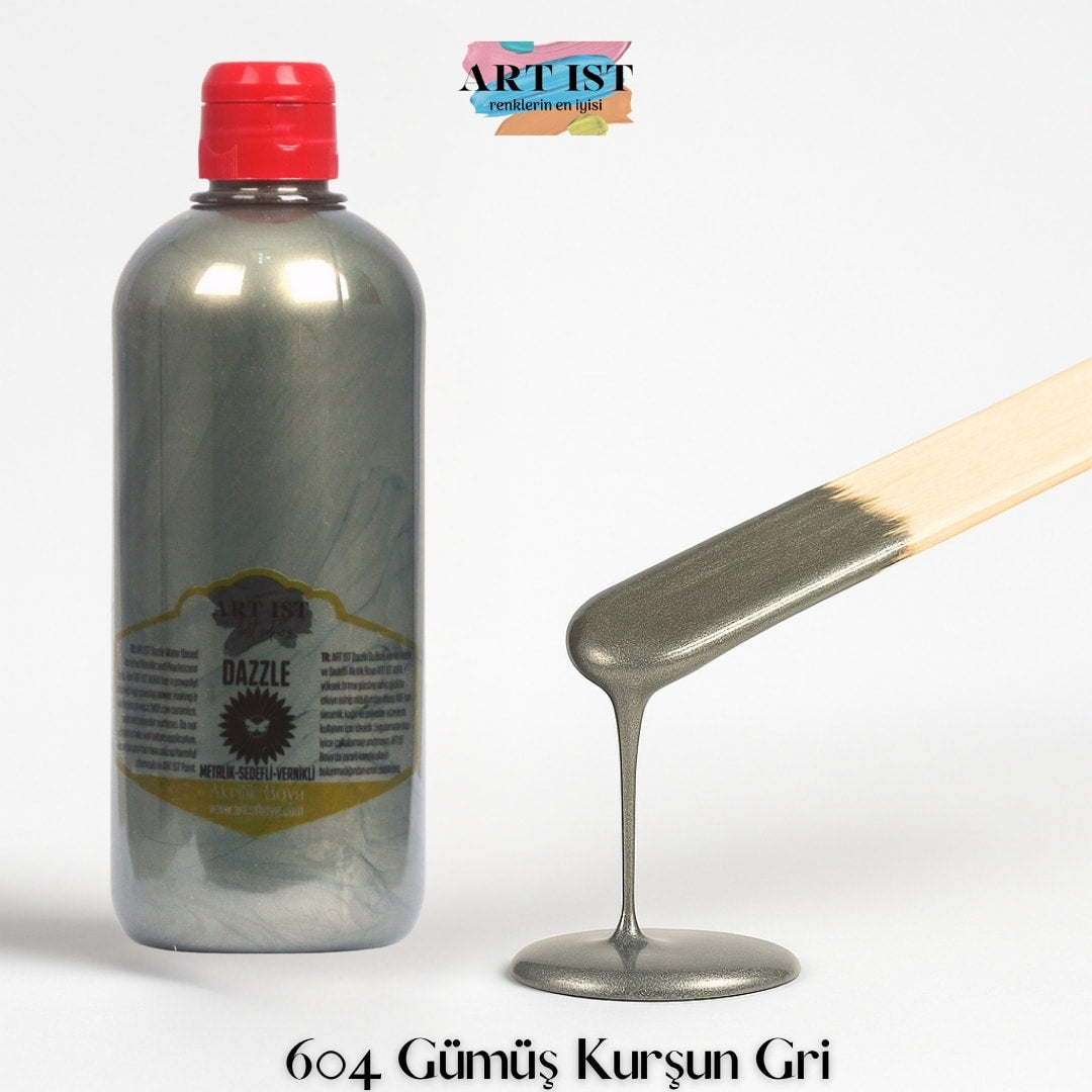 ART IST DAZZLE Metalik Sedefli ve Vernikli Akrilik Boya 500ml – 604 Gumus Kursun Gri
