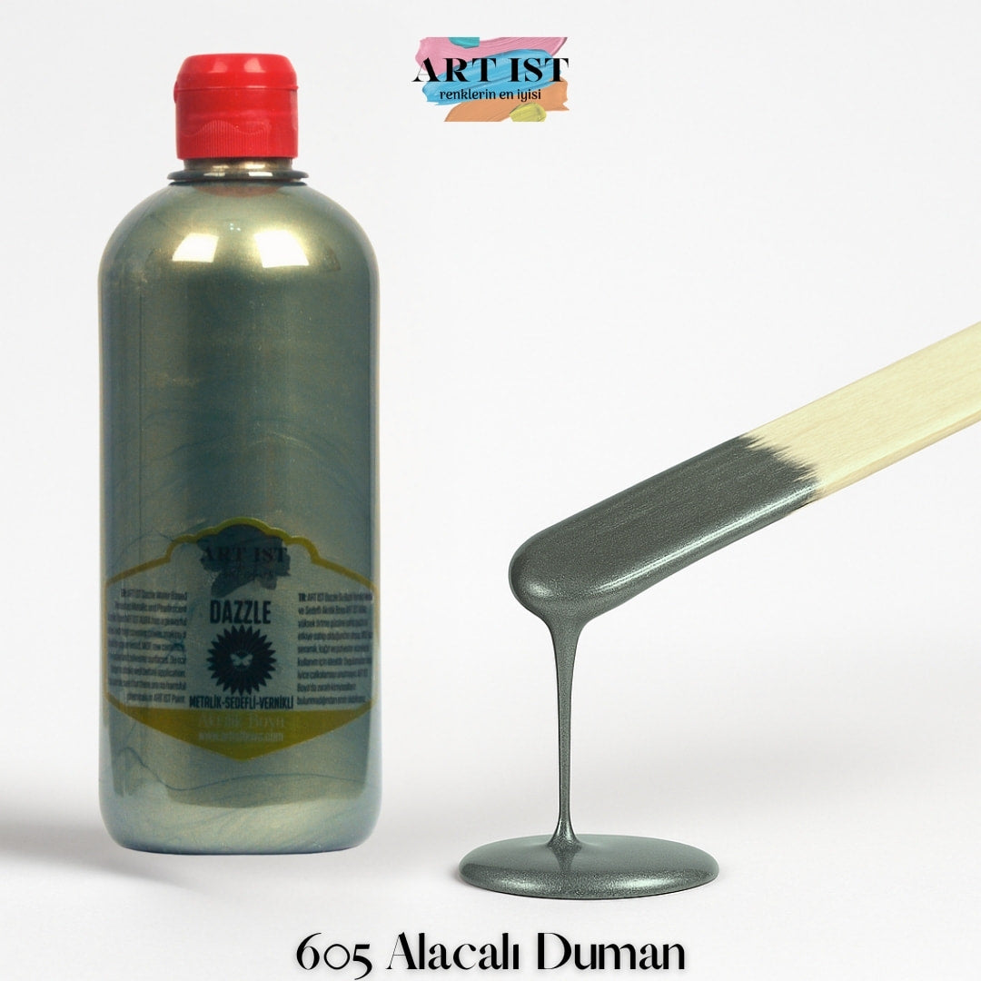 ART IST DAZZLE Metalik Sedefli ve Vernikli Akrilik Boya 500ml – 605 Alacali Duman