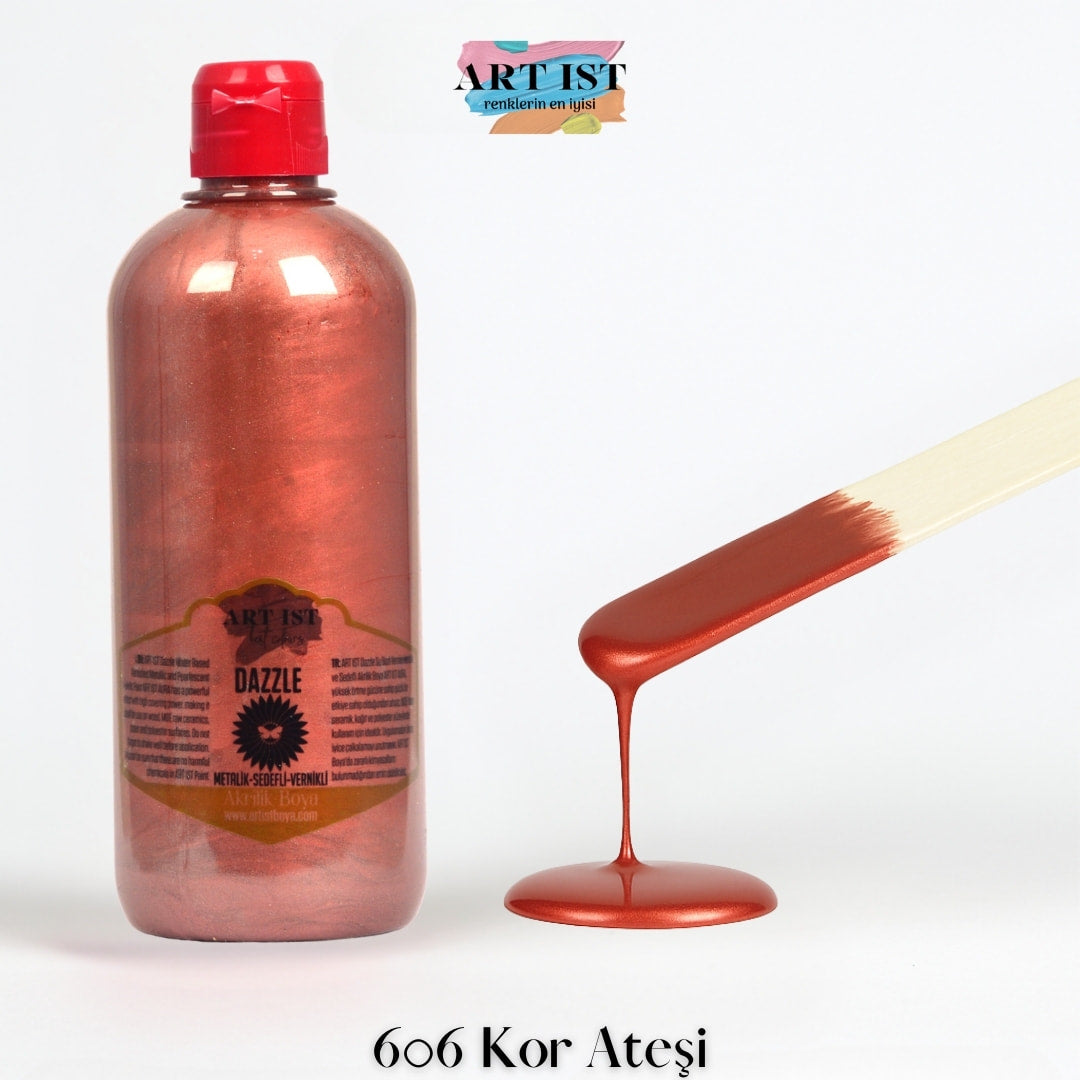 ART IST DAZZLE Metalik Sedefli ve Vernikli Akrilik Boya 500ml – 606 Kor Atesi