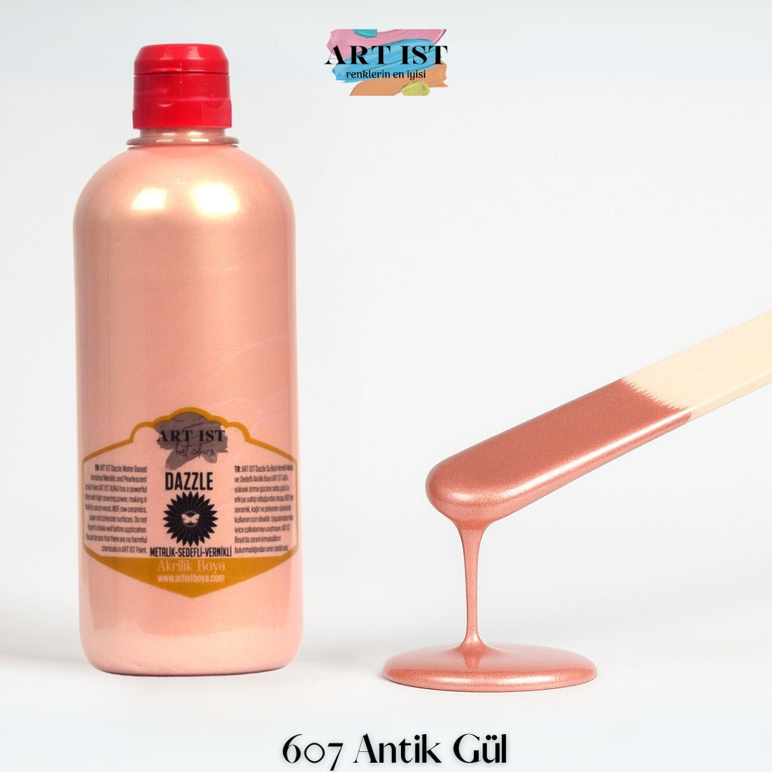 ART IST DAZZLE Metalik Sedefli ve Vernikli Akrilik Boya 500ml – 607 Antik Gul