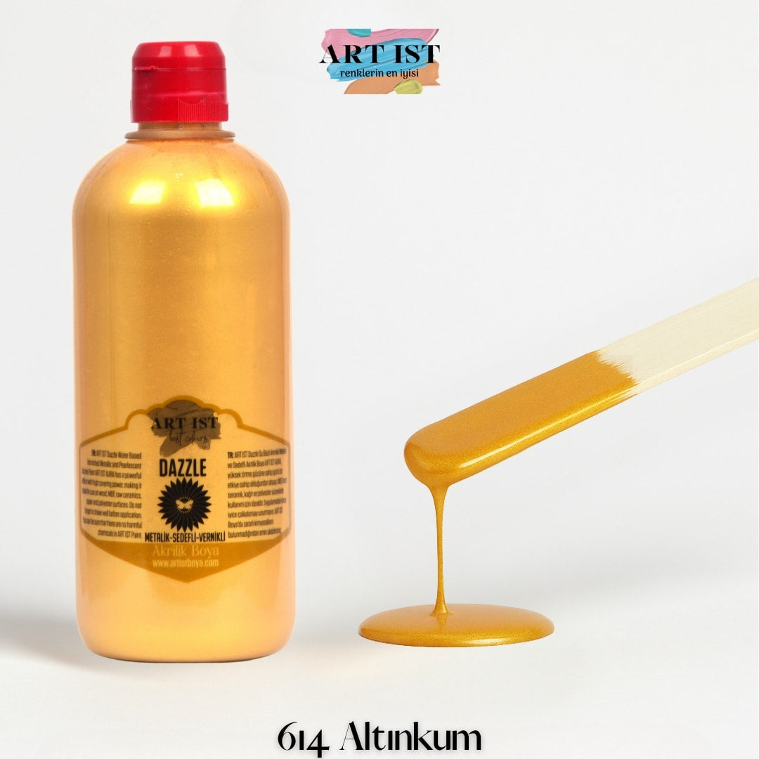 ART IST DAZZLE Metalik Sedefli ve Vernikli Akrilik Boya 500ml – 614 Altinkum