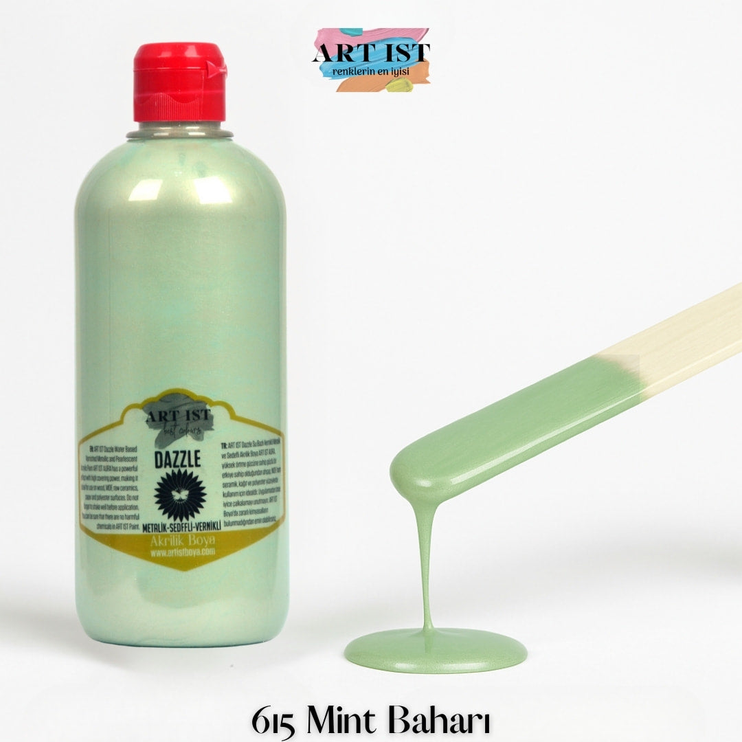 ART IST DAZZLE Metalik Sedefli ve Vernikli Akrilik Boya 500ml – 615 Mint Bahari