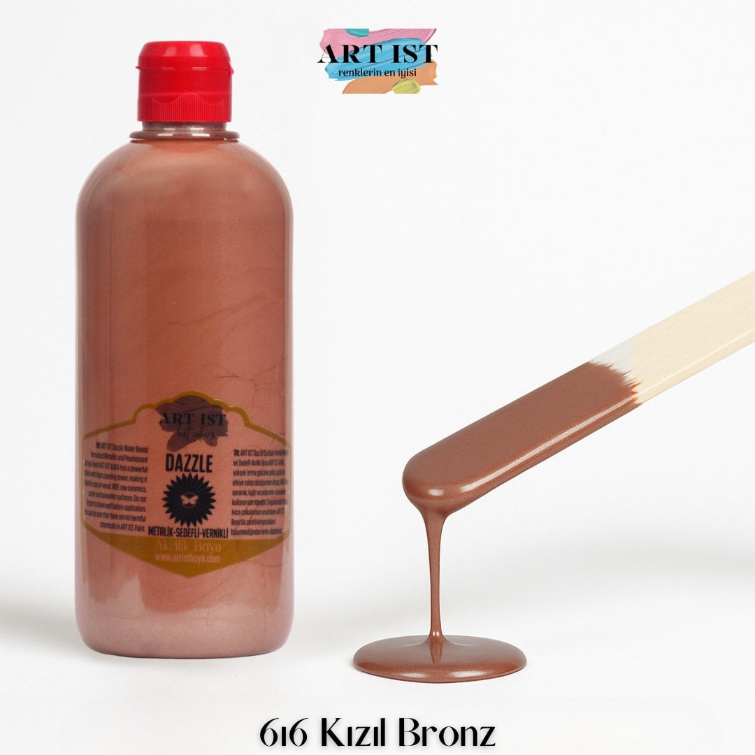 ART IST DAZZLE Metalik Sedefli ve Vernikli Akrilik Boya 500ml – 616 Kizil Bronz