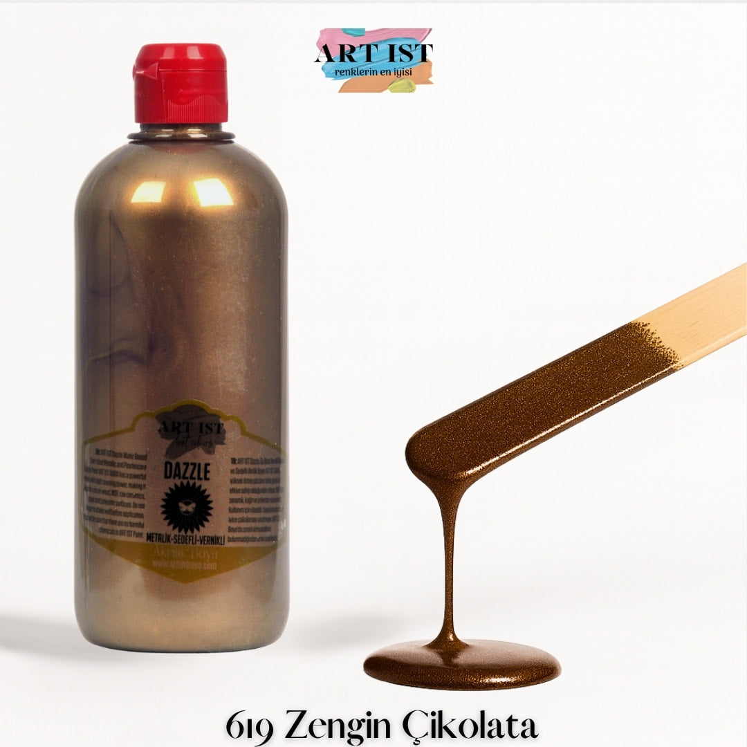 ART IST DAZZLE Metalik Sedefli ve Vernikli Akrilik Boya 500ml – 619 Zengin Cikolata