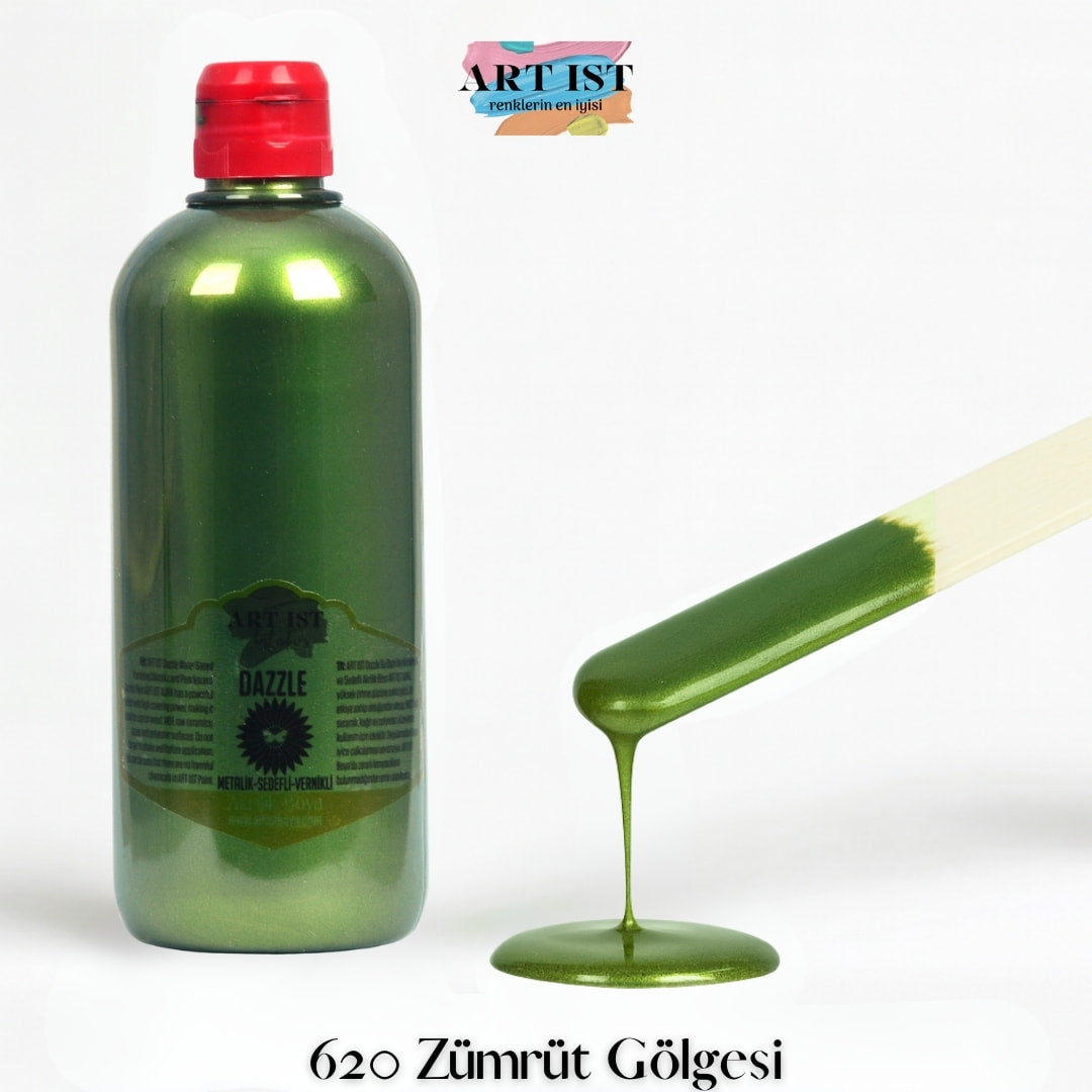 ART IST DAZZLE Metalik Sedefli ve Vernikli Akrilik Boya 500ml – 620 Zumrut Golgesi