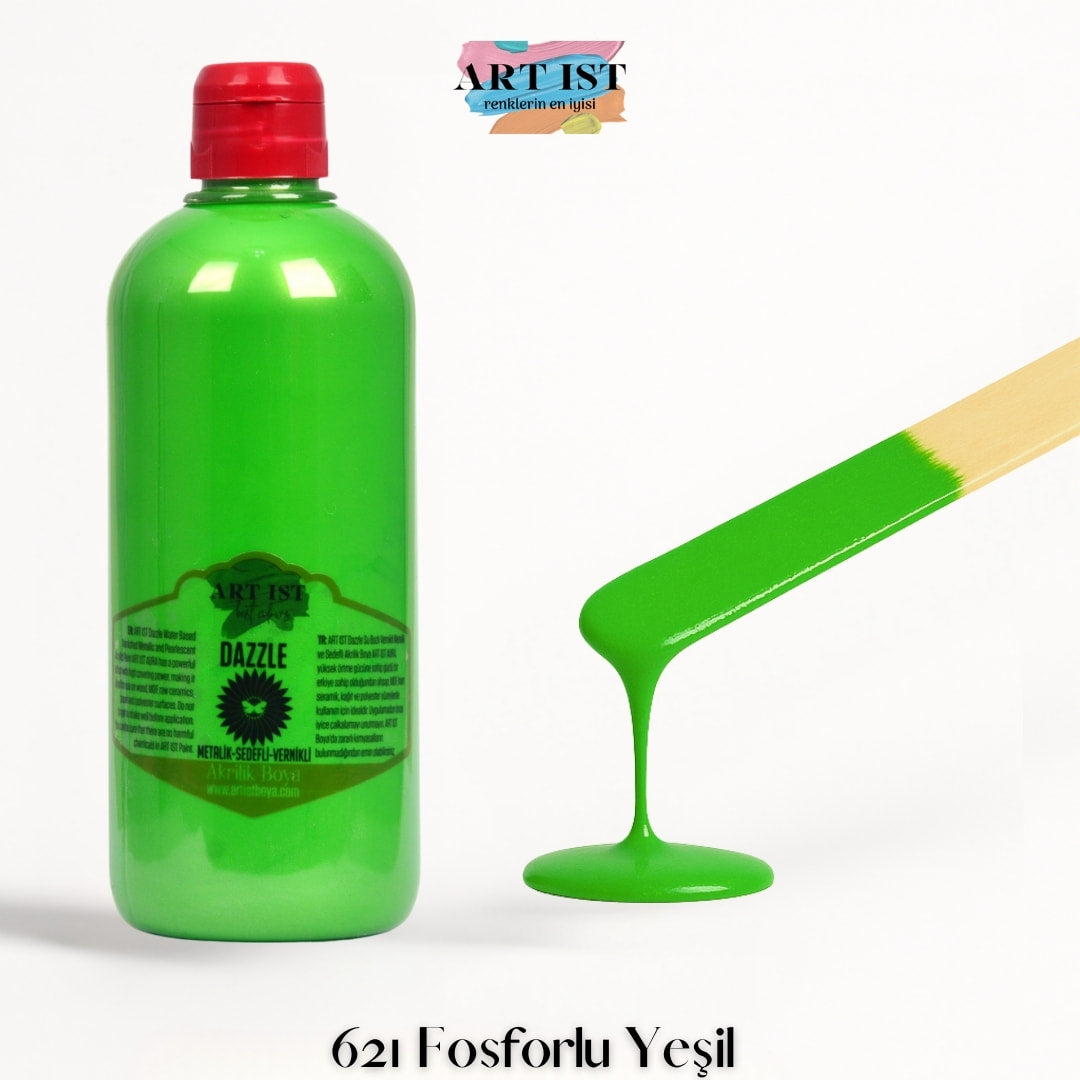 ART IST DAZZLE Metalik Sedefli ve Vernikli Akrilik Boya 500ml – 621 Fosforlu Yesil
